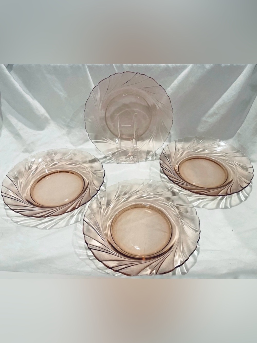 Set (4) Vereco France Pink Swirl Pattern Etched Glass Salad Plates | 8.25” | EUC